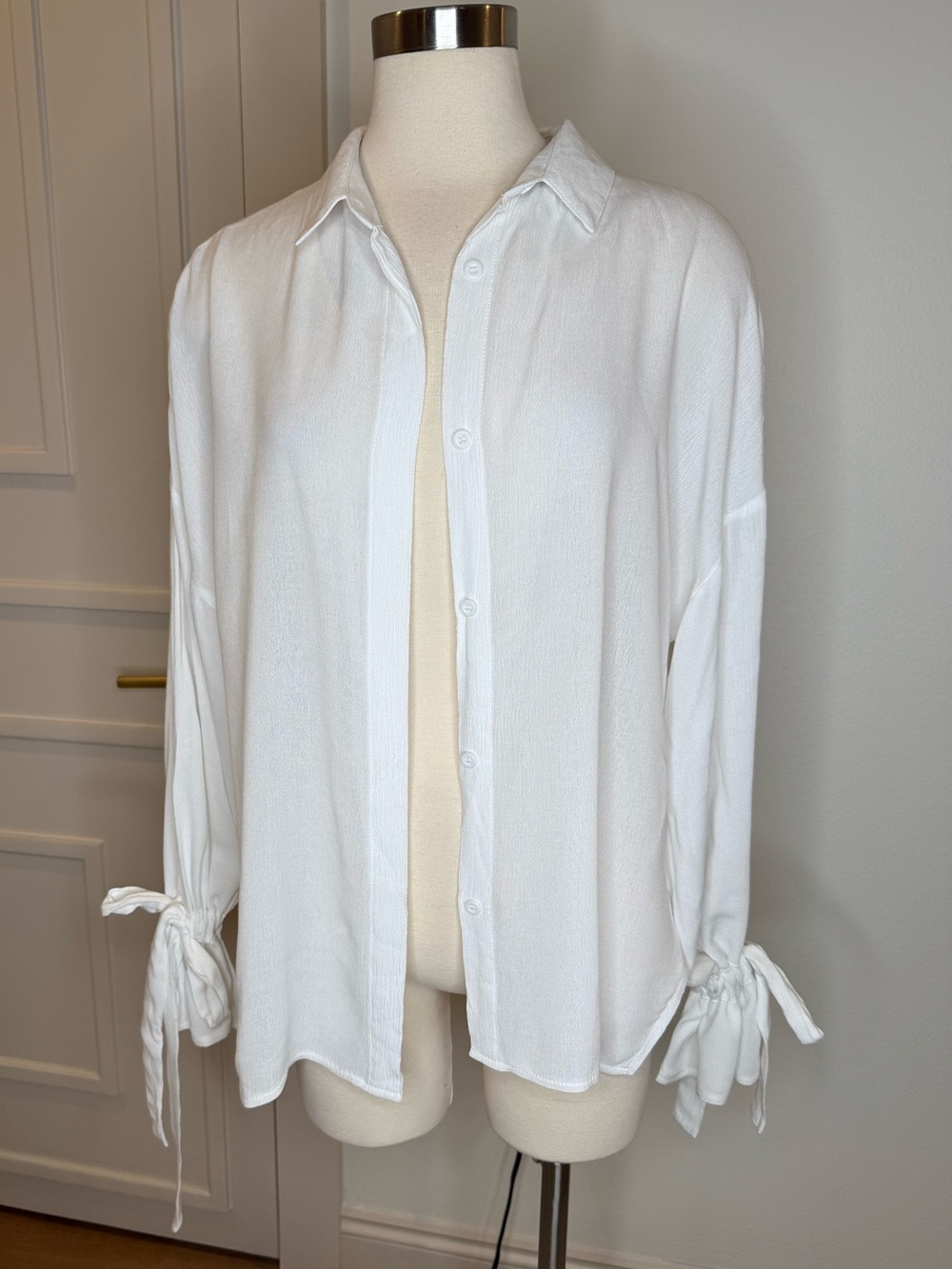 White Button-Front Tie-Sleeve Blouse